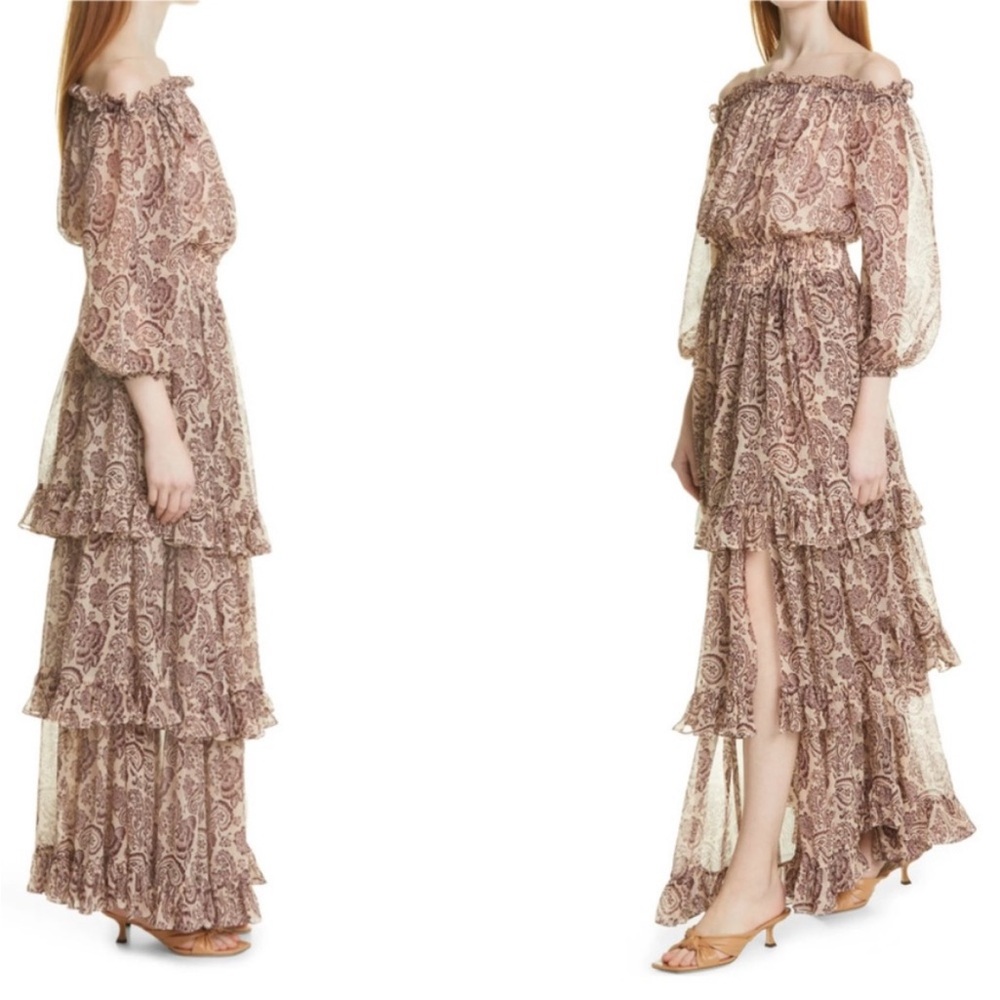 Cinq à Sept Adrianne Off the Shoulder Silk Paisley Tiered Maxi Dress Romantic 12 - Picture 12 of 12
